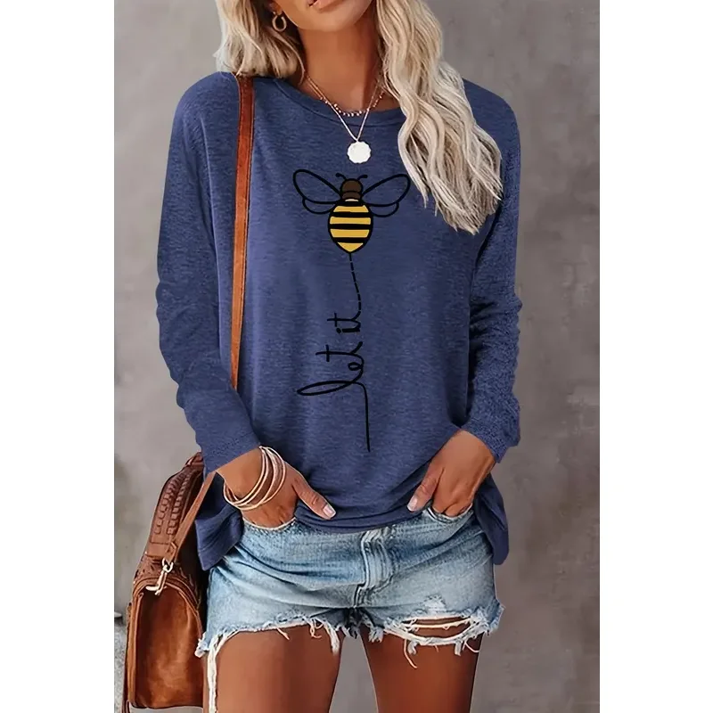 

Повседневная шикарная футболка с круглым вырезом и длинными рукавами для осени и зимы. Женский топ для повседневной носки. Женская одежда. Женская одежда с мультяшным принтом пчелы.