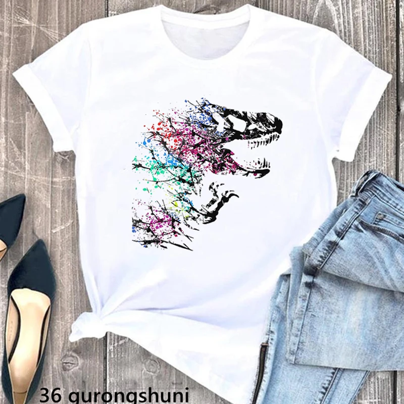 T Shirt Gambar Bunga Bulan Dinosaurus T-shirt Putih Lucu Pakaian Kawaii Harajuku Anak Perempuan T-shirt Atasan Mode Musim Panas Anak Perempuan Femme