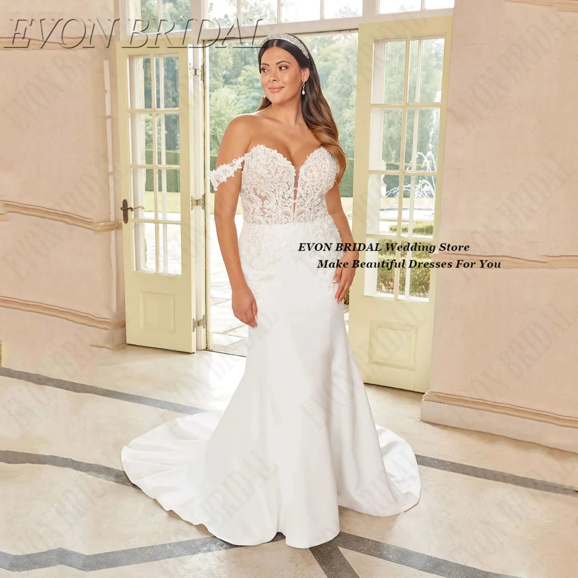 Luxe Plus Size Bruidsjurken Off-shoulder Applicaties Trouwjurken Met Kleine Trein 2025, Aangepaste Bruidsjurken EVON BRIDAL