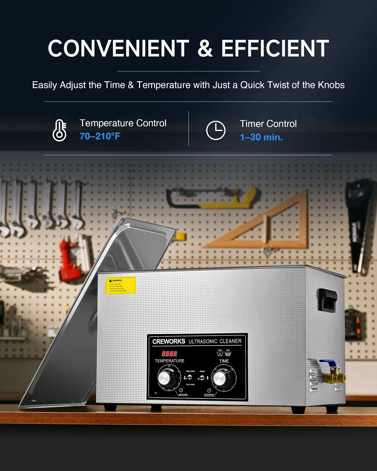 CREWORKS 2L-30L Ultrasonic Cleaner Knob Control Digital Sonic Cleaner with Timer & Heater & Degas & Gentle Modes