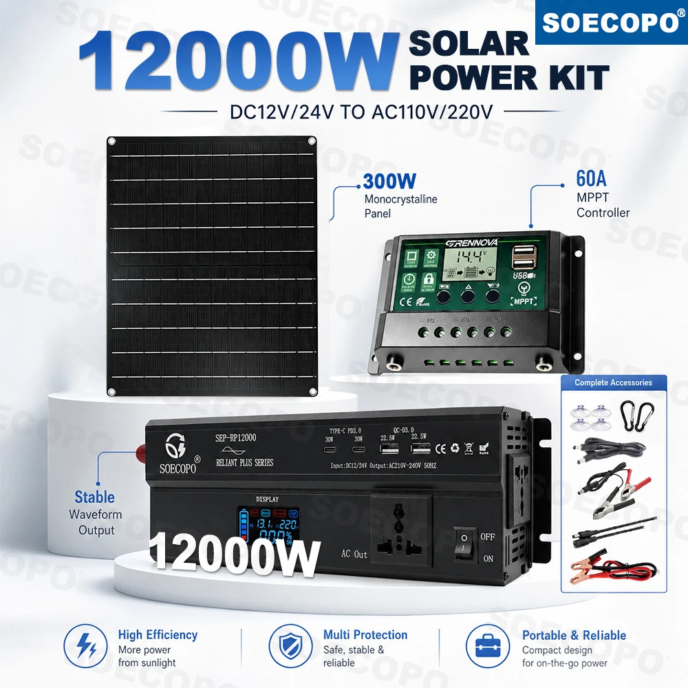 12000W Peak Off‑Grid Solar Kit 300W Panel 60A MPPT Controller DC 12V/24V To AC110V/220V Run Fridge TV Fan For RV Cabin Household