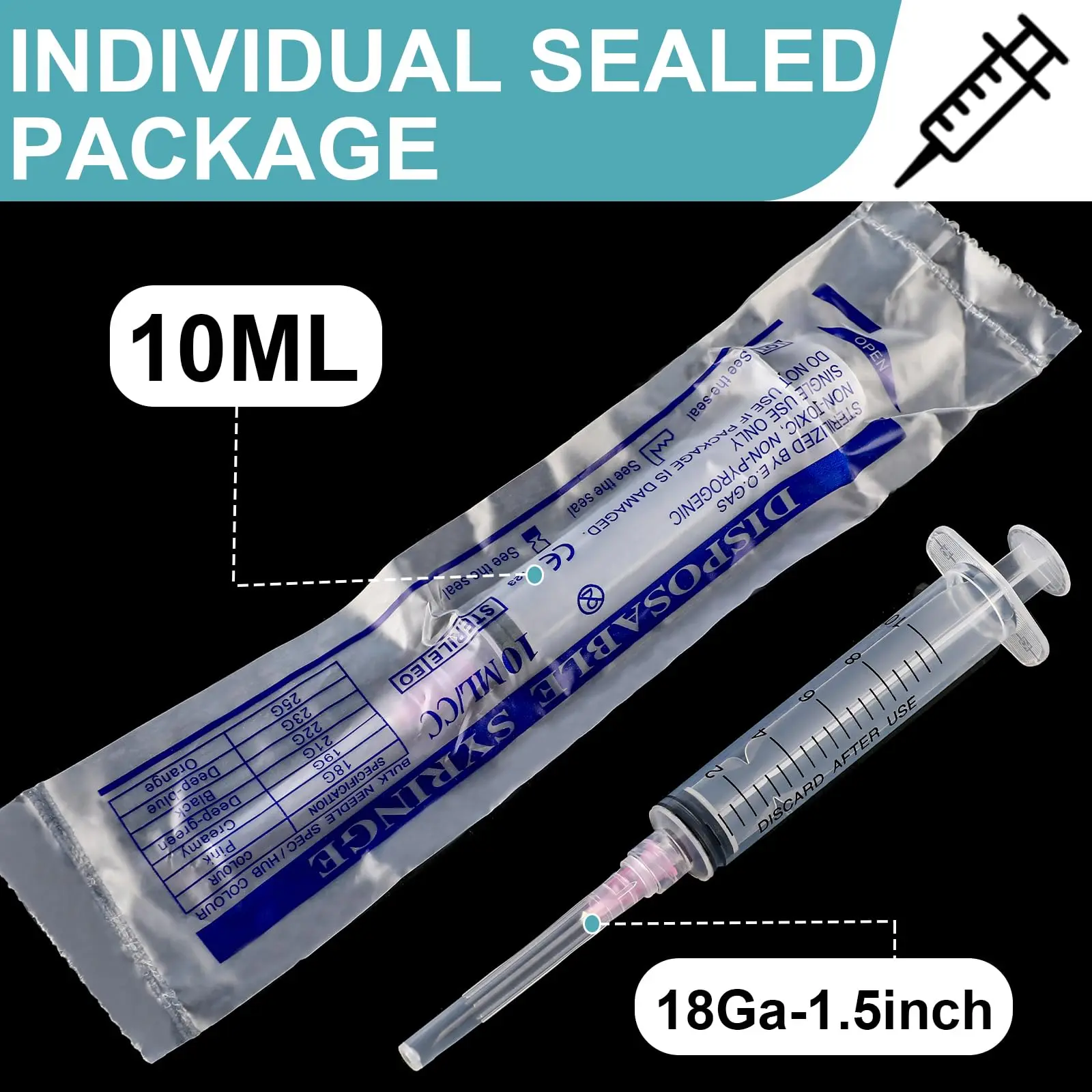 100Pack Disposable 10ml/cc Lab Syringes with 18Ga 1 Inch Needle Luer Lock, Individually Sealed Packed