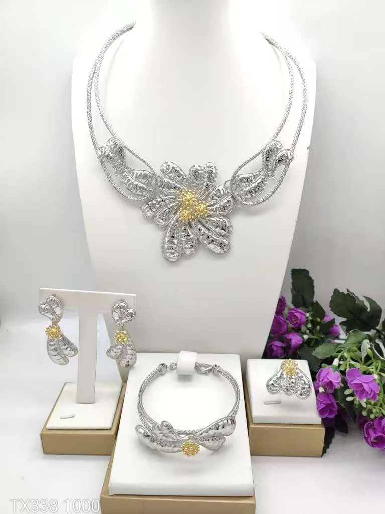 Yulaili Brazilian Gold Plated Jewelry Sets Women Sun Flower Leaf Pink Beads Double Choker Necklace Earrings Bracelet Ring X00145