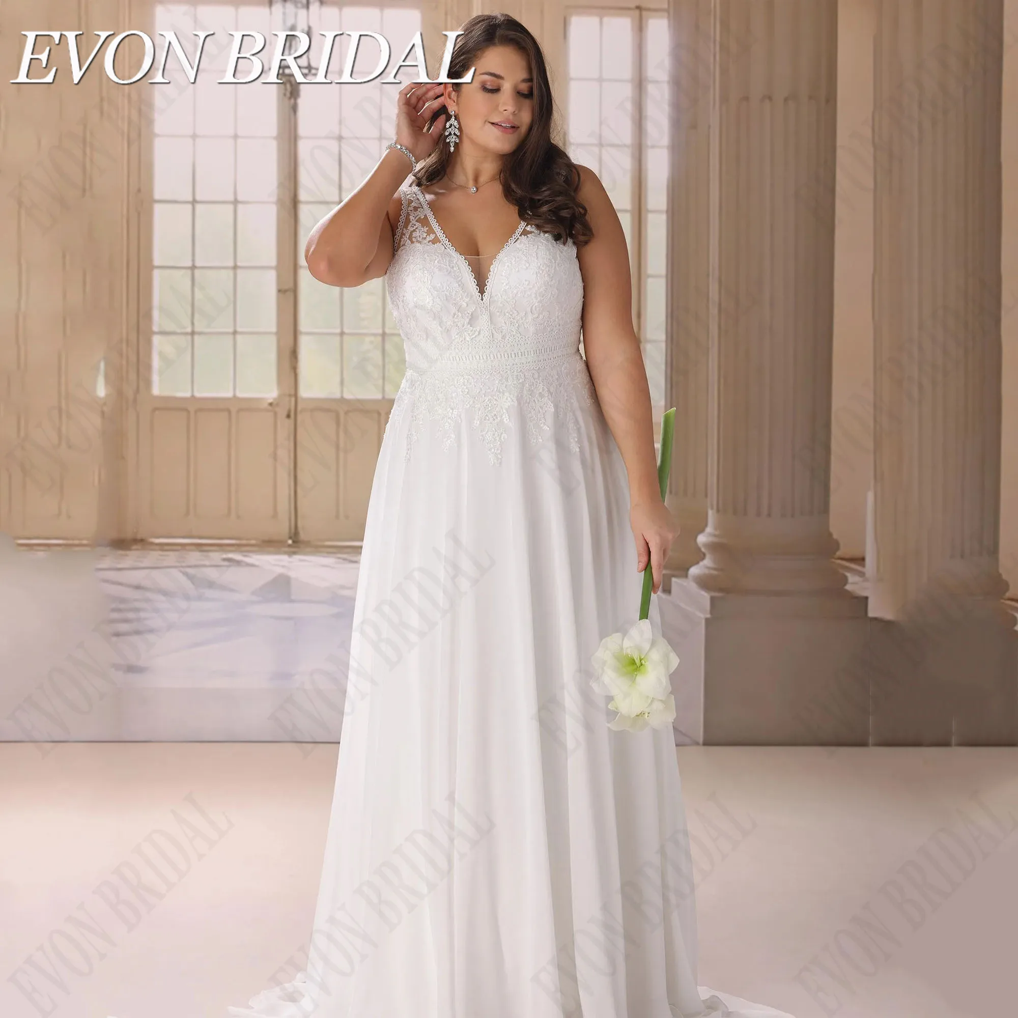 

EVON BRIDAL Chiffon V-Neck Wedding Dress For Plus Size Women Sleeveless Chiffon Bride Gowns Applique vestidos de novia A-Line