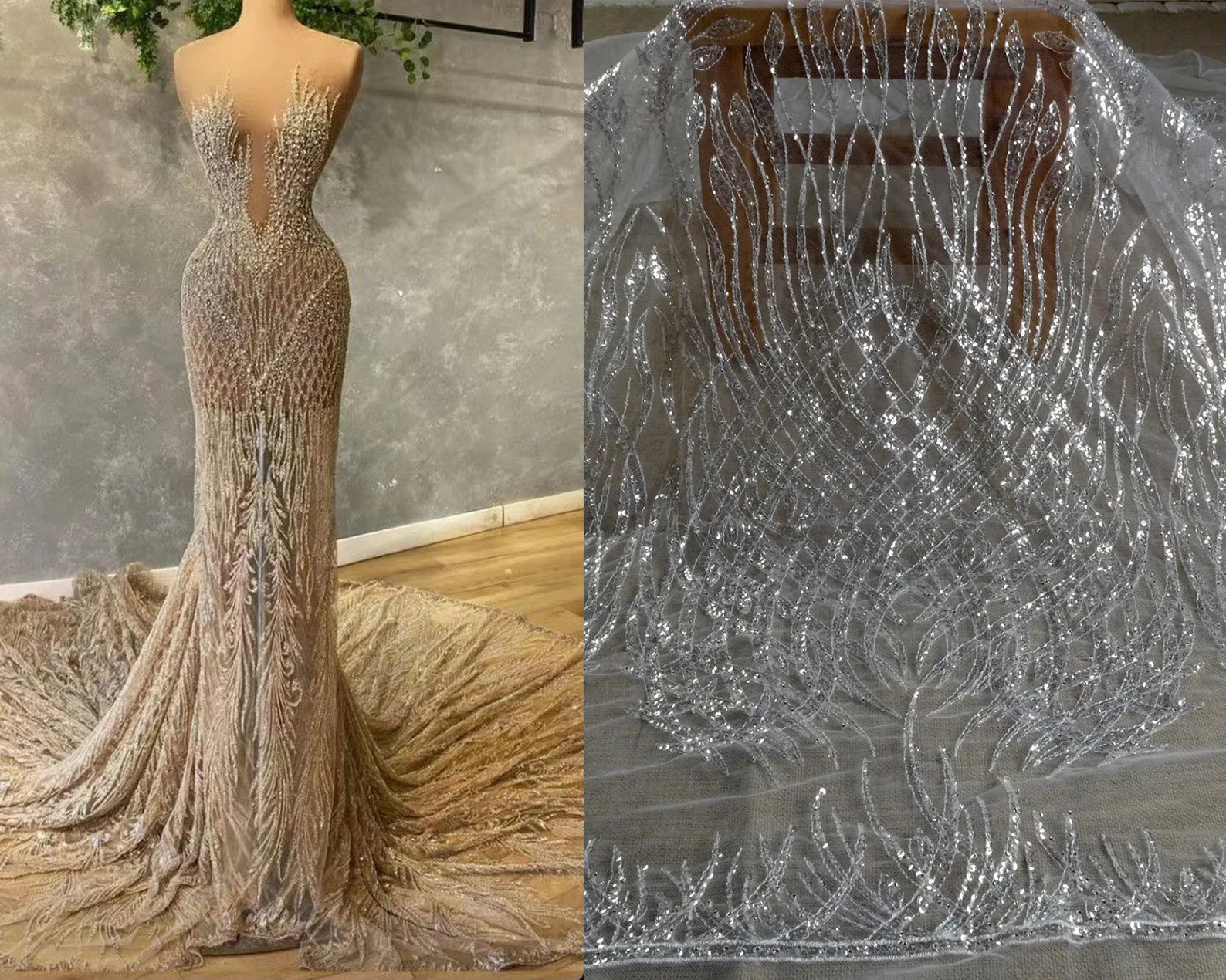 HelluyerDc Hot popular Silver beaded lace fabric,lines patterns embroidery for wedding prom dress sepacial designs fabric