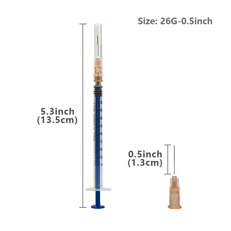 1ml/cc Plastic Manual Sterilized Syringe with 26G 13mm Needle, Individually Wrapped for Pets Veterinary Use