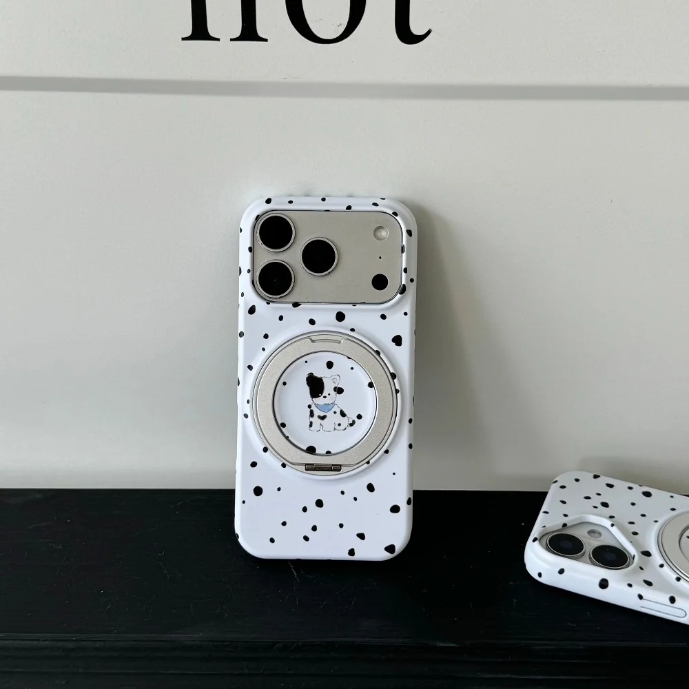 Korea INS Cute Spotted Puppy Print White Phone Case for iPhone iPhone 17 Pro 16 Max 15 16 17 Pro Max 15 Pro with Magnetic Holder