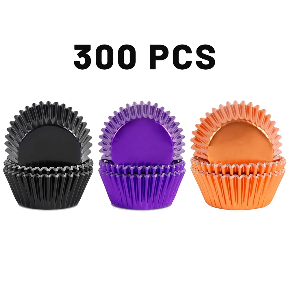 300pcs Halloween Foil Cupcake Liners, Black Purple Orange Paper Baking Cases, Festive Halloween Muffin Cups for Cupcakes, Muffins, Cakes and Desserts, Halloween Party Supplies, Trick or Treat Celebrations, Birthday Parties and Spooky Themed Baking