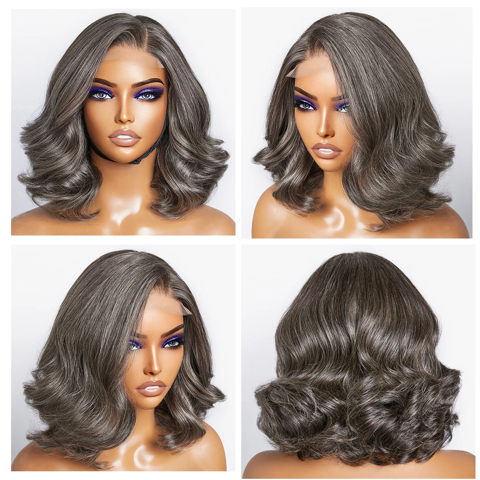 Salt and Pepper Loose Wave Lace Front Bob Wig Human Hair Side Part 5x5 HD Closure Lace Wig Ready To for Black Women