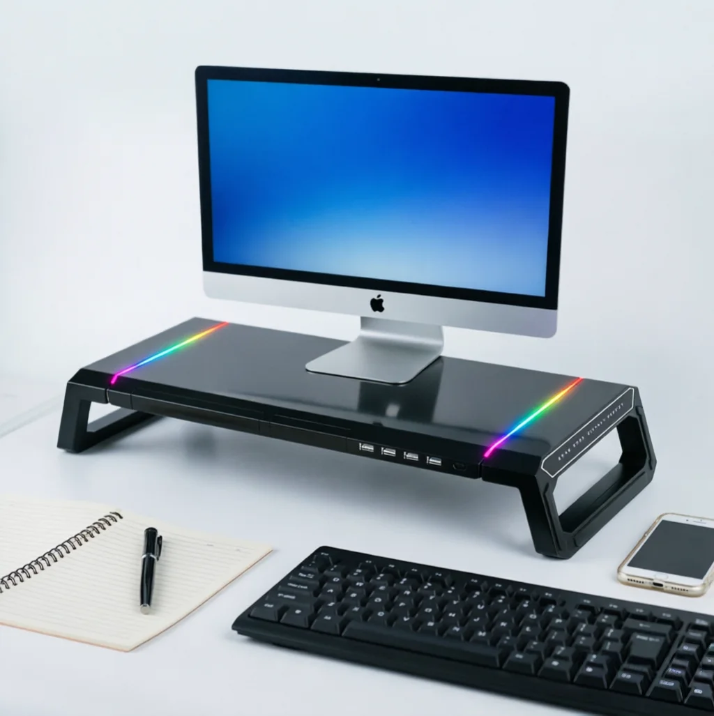 Support de rangement de bureau pour ordinateur, support pliable, réglage de l'éclairage du panneau, support de moniteur d'ordinateur avec ports USB 3.0