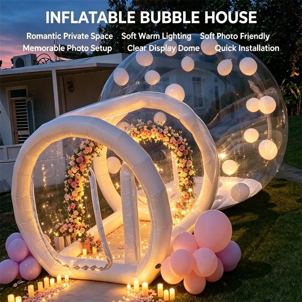 EU-voorraad: Transparante opblaasbare bubbelkoepel – een zeer sterke PVC-bubbeltent inclusief blower, geschikt voor commerciële toepassingen zoals glamping resorts, bruiloften en buitencafés.