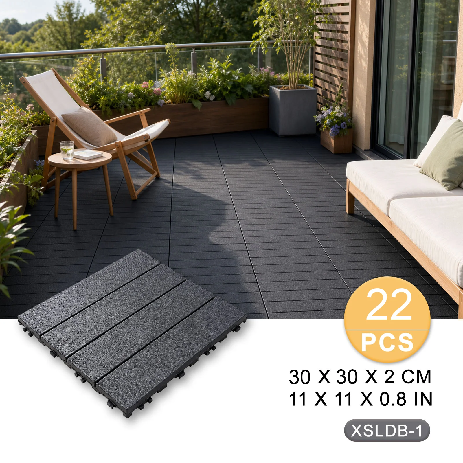 22 Stück 30×30cm ineinandergreifende PVC-Deckfliesen mit Holzmaserung, wetterbeständige, zusammenklickbare Outdoor-Bodenfliesen, leicht zu reinigende Terrassendielen für Balkon, Terrasse, Garten und