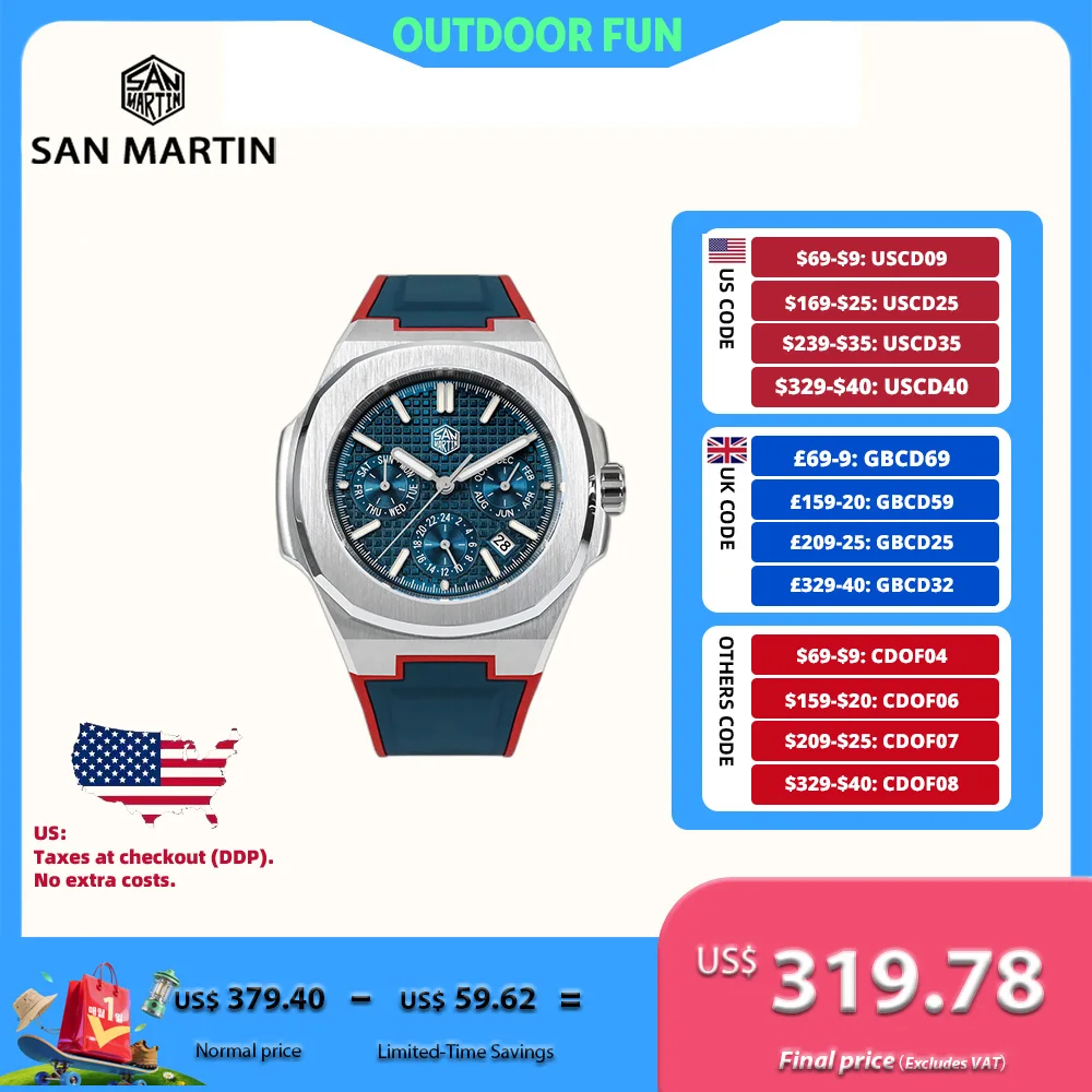 

San Martin 43mm 9120 Multi-Function Men Watch Mechanical Sport Hour Date Week Month Window FKM Rubber 10Bar Reloj Hombre SN0075B