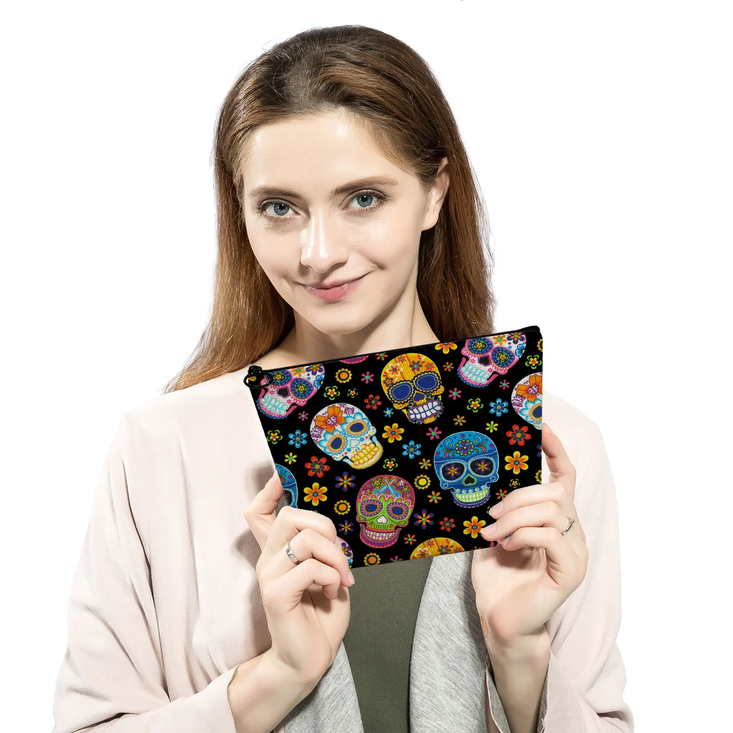 Fashion Cool Floral Skull Printing Halloween Candy Gift Storage Bag Makeup Organizer Travel Toiletry Bags Women's Cosmetic Case