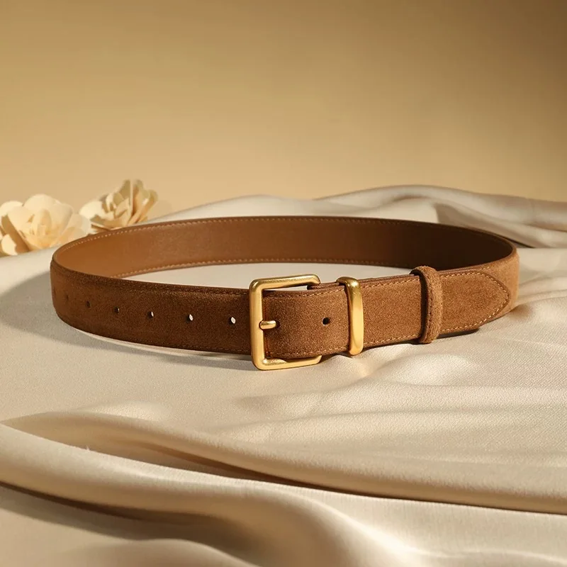 Luxuriöser Wildleder-Rindsledergürtel für Damen, Vintage-Stil mit goldener Schnalle, 3,3 cm breiter Bund für Kleider und Jeans – Detail 12