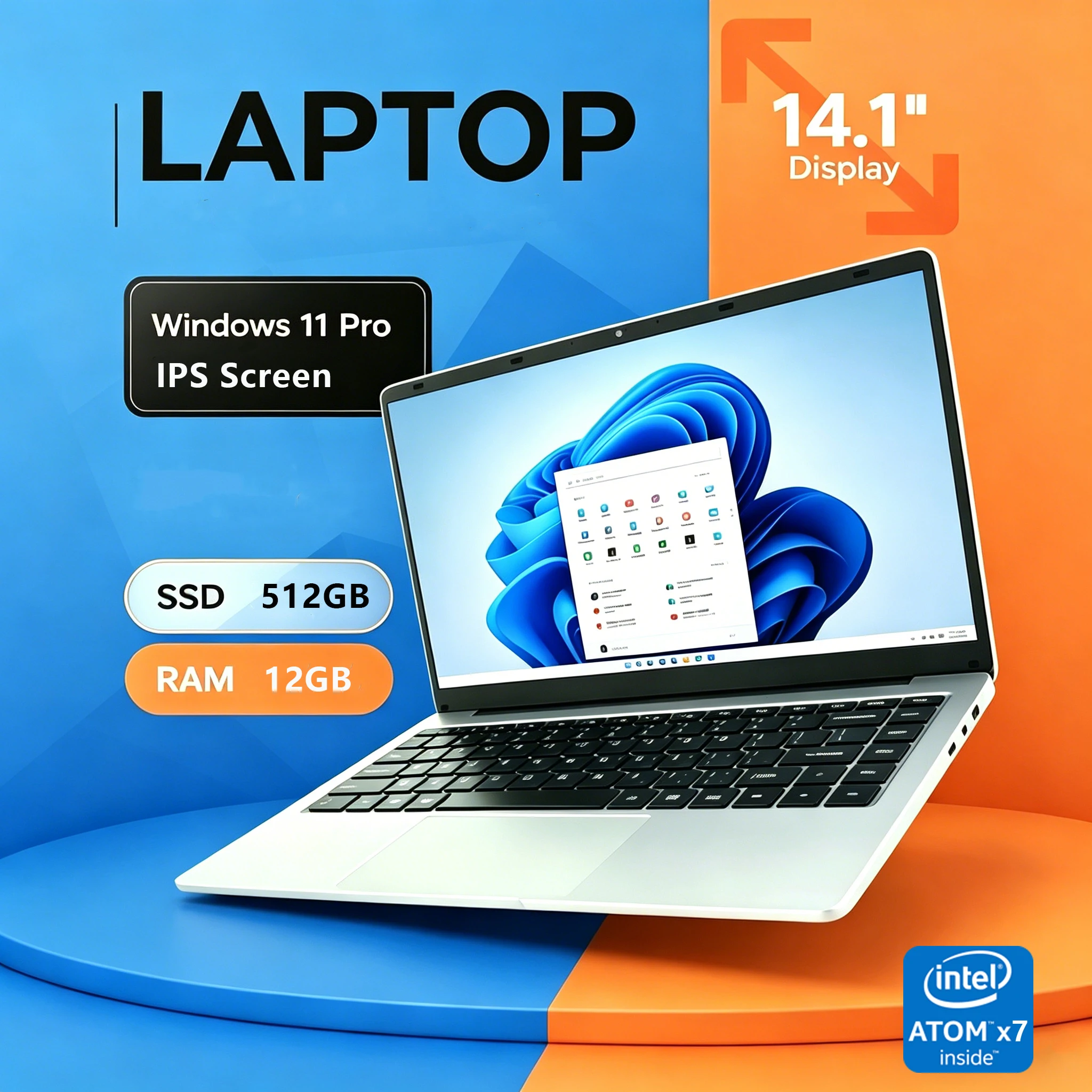 Portátil de 14.1'' con Windows 11, Intel Atom x7 A3950 180 °   Portátil Plegable Delgado con 12 GB de RAM, 512 GB/1 TB SSD, Pantalla de 1920*1080, Ordenador para Oficina y Estudio