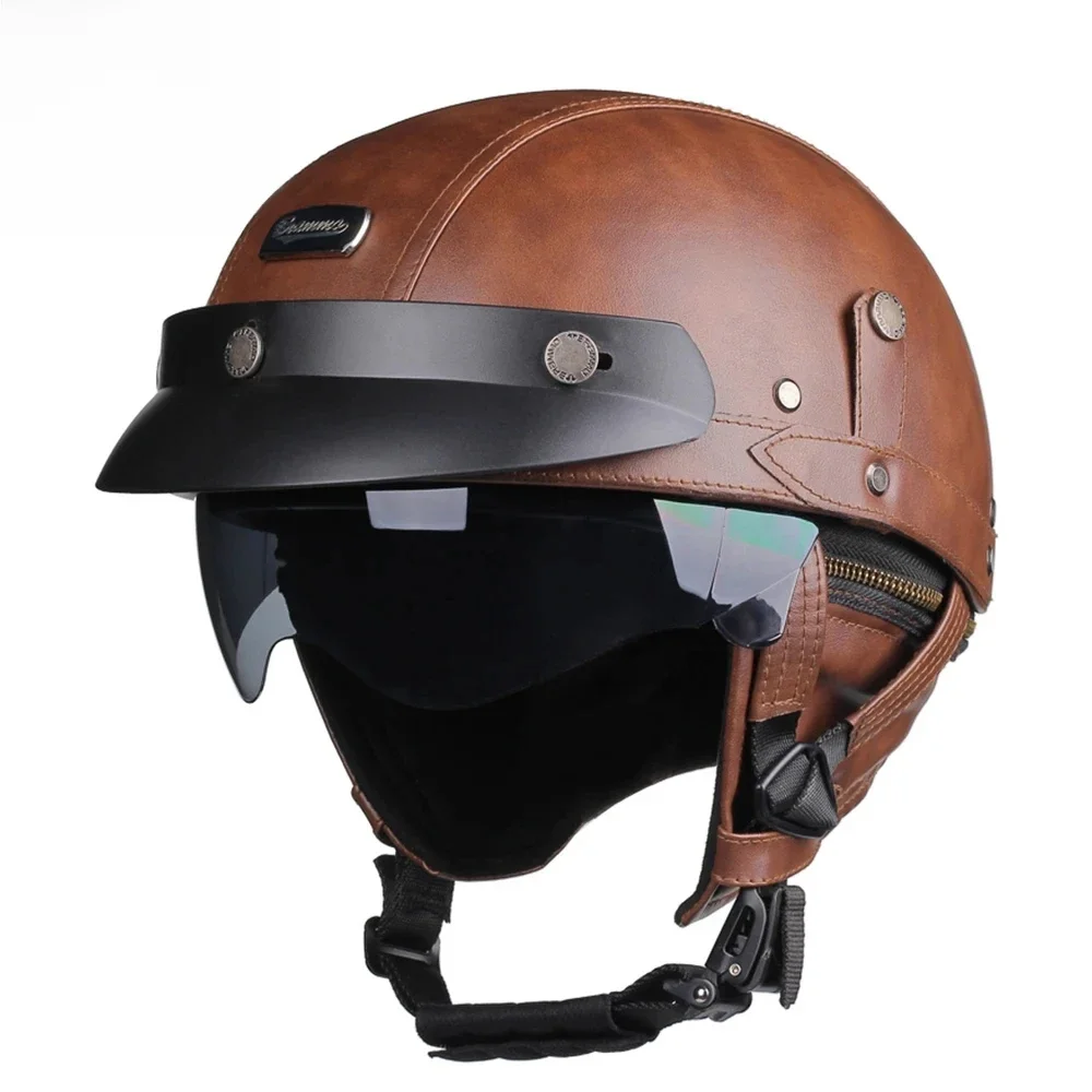 AliExpress HEROBIKER Summer Motorcycle Helmet Half PU Leather Retro Motorbike Helm Moto Bike Motocross Helmets With For Men Women Casco DOT