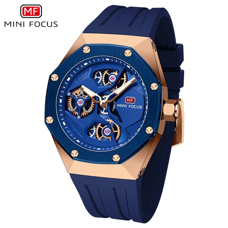 Imagem -03 - Minifocus Masculino Quartzo Girando Rodas Luminious Esporte Relógio de Pulso Pulseira de Silicone Esqueleto Tonneau Crysta Dial Relógio Masculino