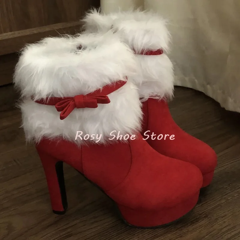 

Red Suede Patchwork White Fur Platform Ankle Boots Christmas Cosplay Shoes Round Toe Double Layer Bowknot Decor Chunky Heel Boot