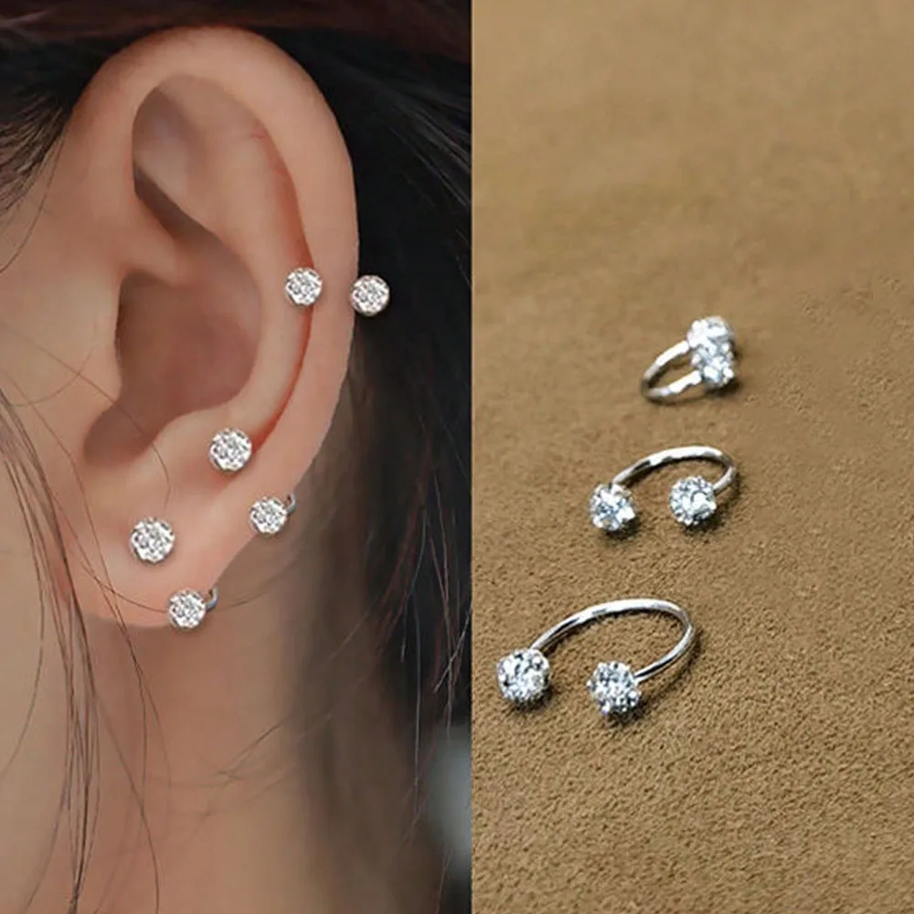 3Pcs Sparkling Soft Ceramic Horseshoe Ball Stackable Hoop Earrings for Women, Girls Dainty C-Shaped Full Zirconia Stud Earrings
