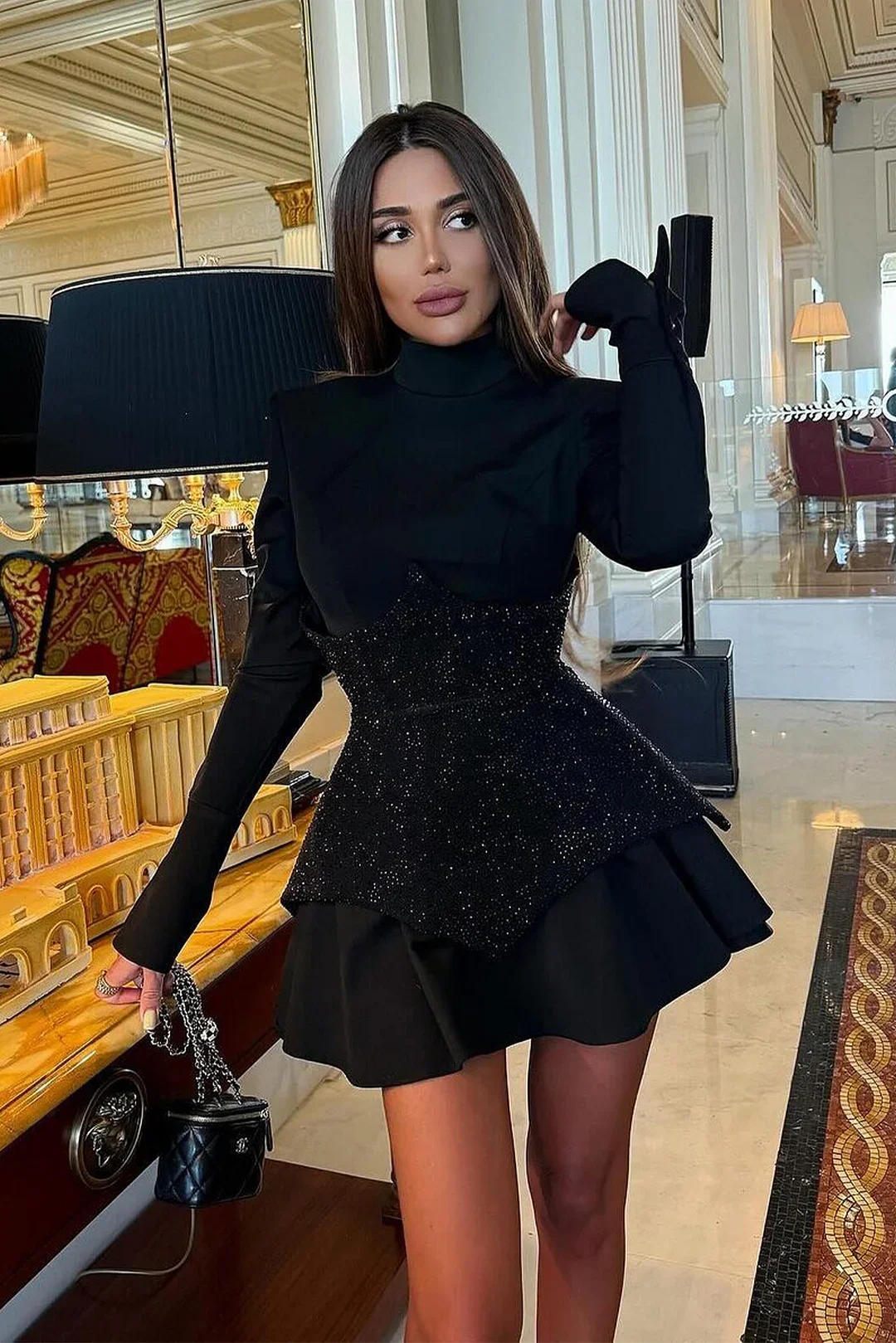 Black Fashion Half Turtleneck Sexy Long Sleeve Slim Fit Mini Puffy Dress 2024 Rayon Splicing Party Dress