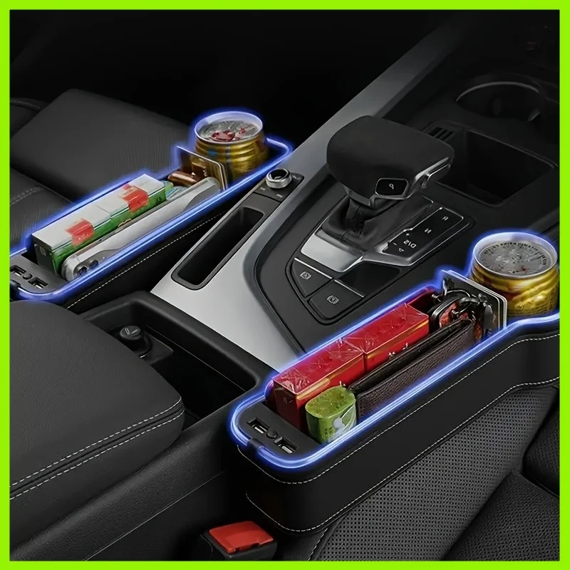 Car Seat Gap Storage Box, Phone Holder Charger, Miscellaneous Organizer, LED Ambient Lighting Car Seat Gap Organizer