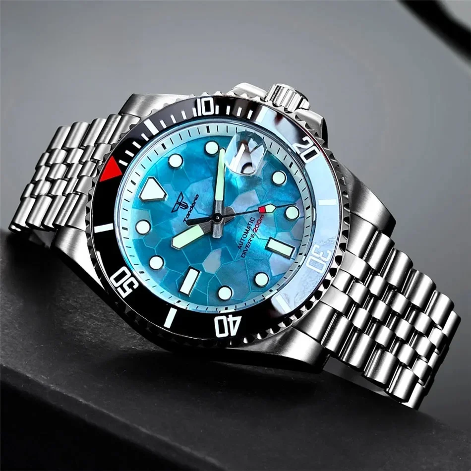 Tandorio Nh35a 40Mm Mode 20bar Heren Duik Automatisch Polshorloge Groenachtig Blauw Mop Wijzerplaat Roterende Bezel Saffier Lichtgevende Datum - afbeelding 2