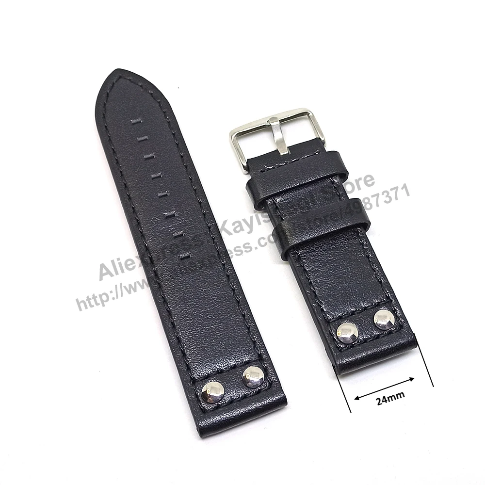 Fits/For Luminox , TW Steel , Aviator / Pilot - 24mm Black White Stitch Rivet Genuine Leather Replacement Watch Band Strap