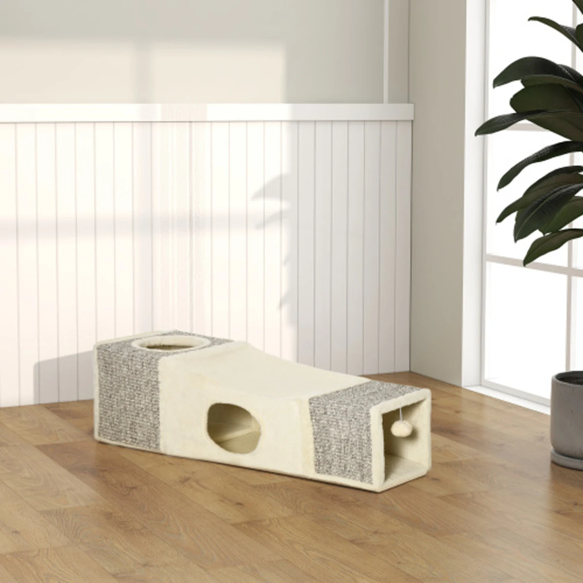 Tunnel de Jeu pour Chat en Fibre de Sisal 98x30x30 cm, Tunnel Ludique Résistant avec Balle de Jeu Intégrée, Design Marron et Beige, Jouet Interactif pour Chats