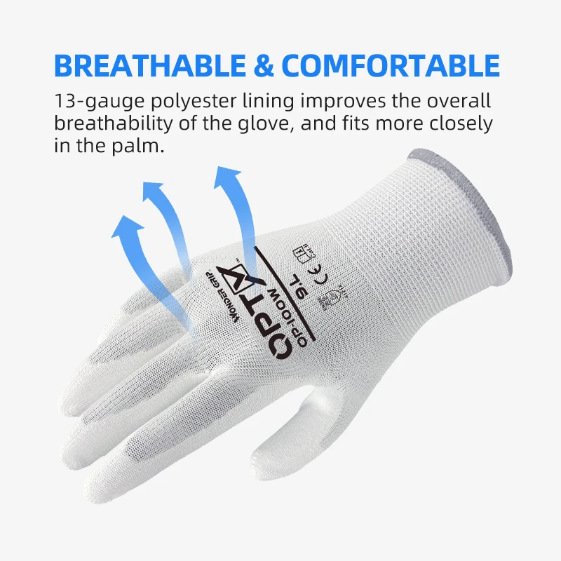 Wonder Grip 12 Pairs/24 Pcs General Safety Work Gloves 13 Gauge Lining PU Palm Coating Lightweight Flexible Breathable