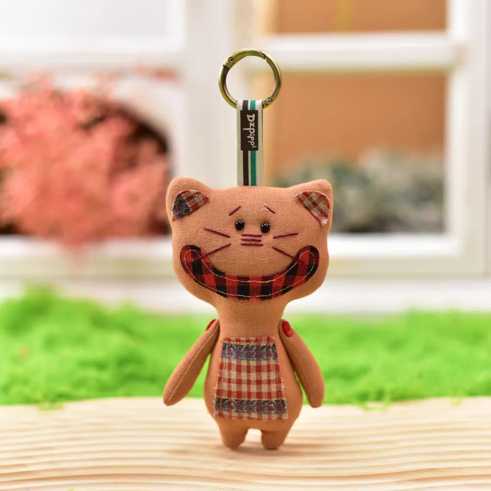 Handmade Primitive Plaid Cat Keychain Vintage Linen Doll Bag Charm Unique Rustic Animal Keyring for Women Girls Gift