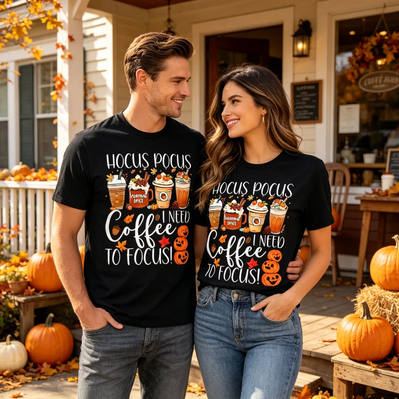 Hocus Pocus I Need Coffee To Focus T‑Shirt, Pumpkin Spice Fall Coffee Lover Graphic Tee, Halloween Autumn Season Gift Shirt