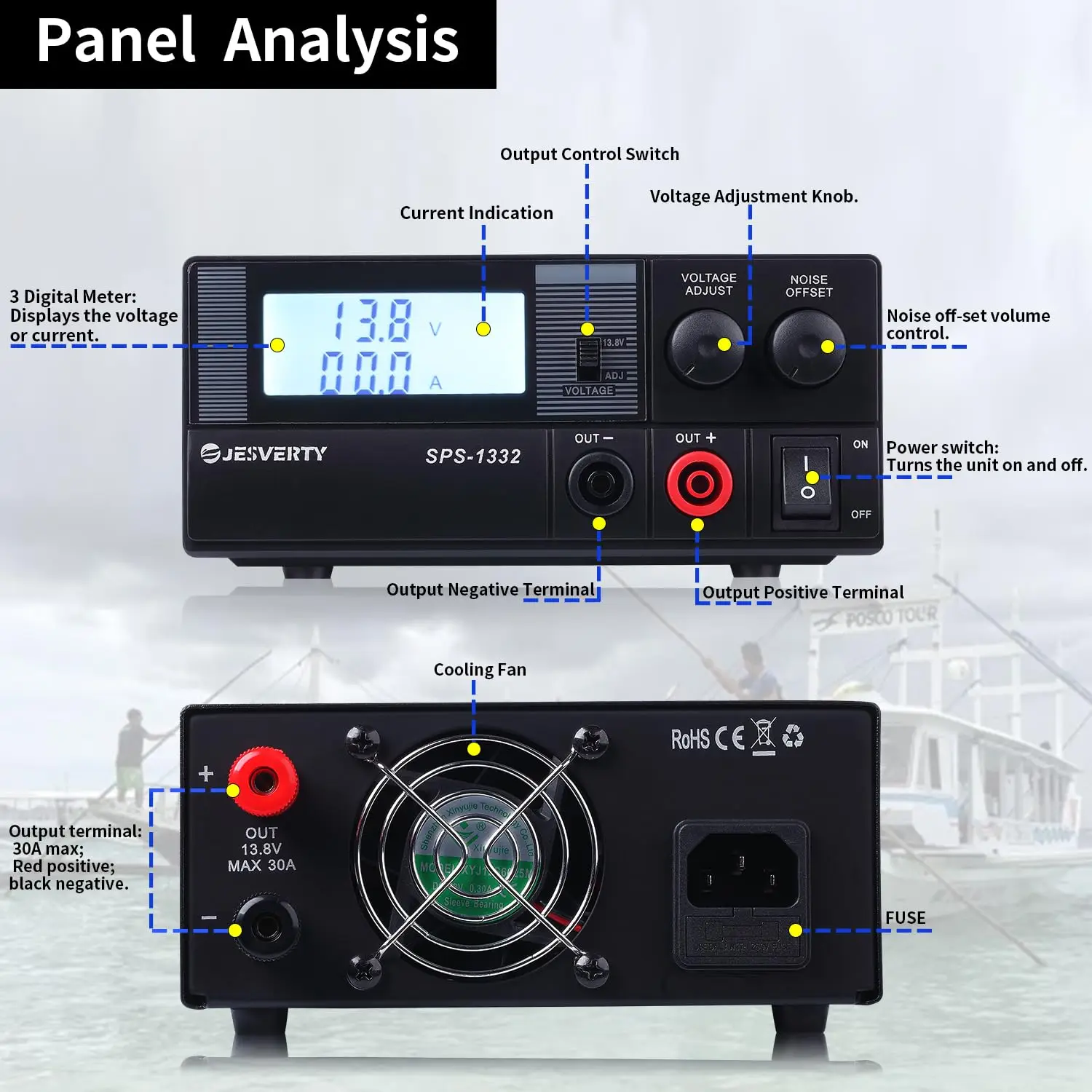 Jesverty Car Communication Power Supply 13.8V 30A Stable Adjustable Linear Power Supply DC Communication Switching Power Supply