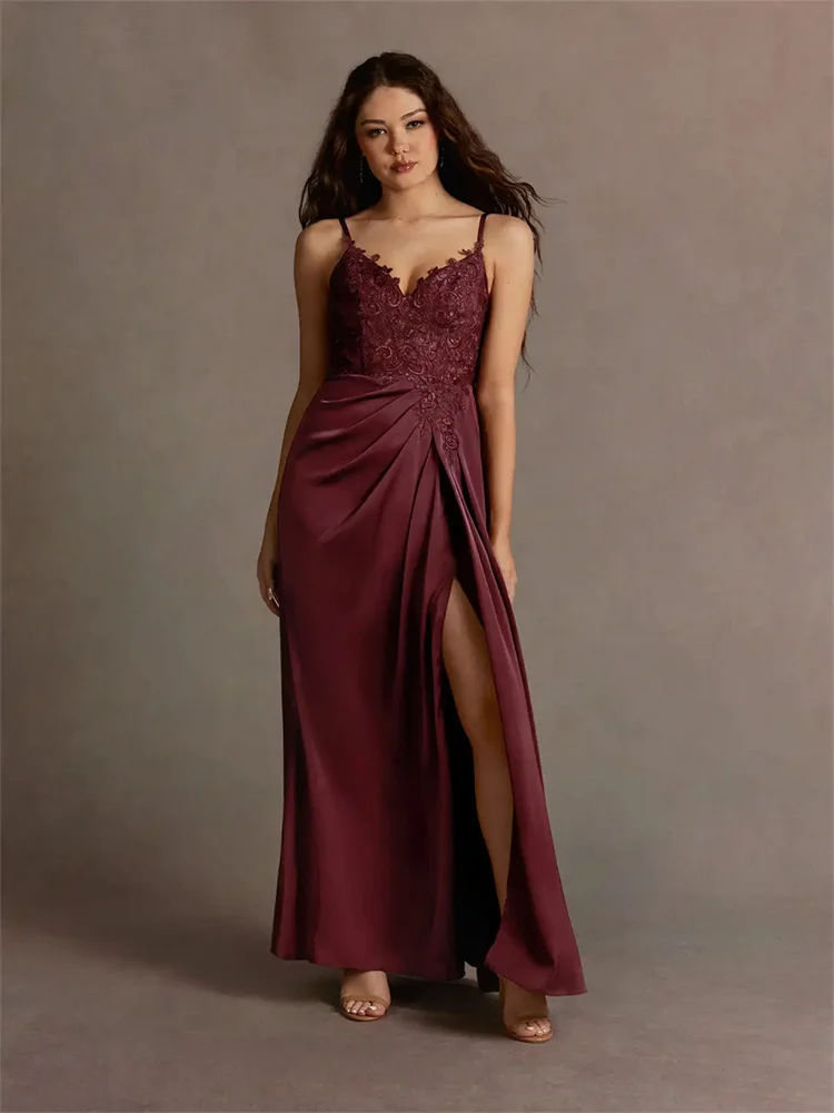 

Customized Burgundy Strappy Back Maxi Dress Sleeveless Deep V-neck Skirt Embroidered Pleated A-line Silhouette Evening Gown