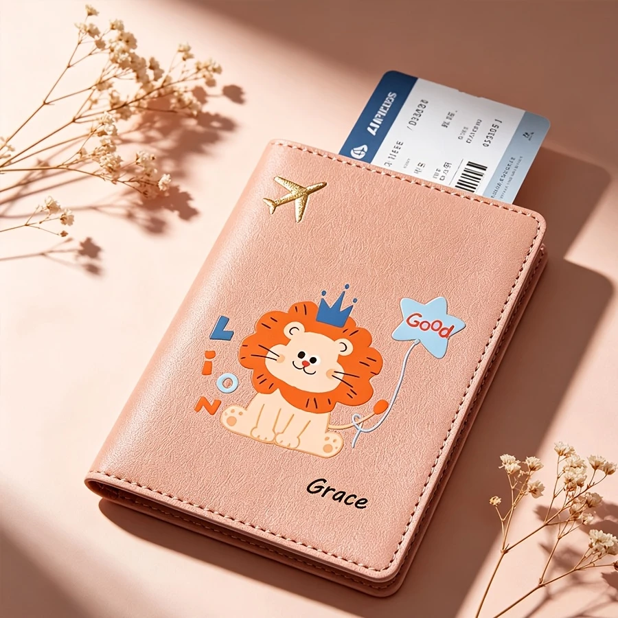 

[Lion Passport Holder] Customizable Name Lion-Pattern Passport Holder - Cute Cartoon Animal Travel Accessory Passport Pouch