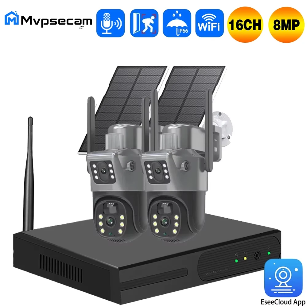 Système de caméra de surveillance solaire PTZ intelligente 4K 8MP à double objectif, kit NVR WiFi 5MP 16 canaux, caméras de sécurité extérieures sans fil avec détection humaine PIR, alarme, audio bidirectionnel, vision nocturne avancée, batterie intégrée, résistance aux intempéries IP66, surveillance à distance sur le cloud, configuration CCTV