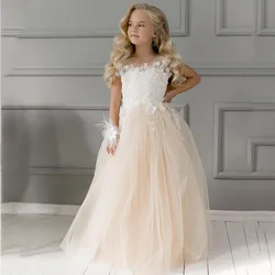 Glitter Flower Girl Dresses Princess Lace Applique For Wedding Pageant  A-Line Tulle  Guest Evening Party  Kids