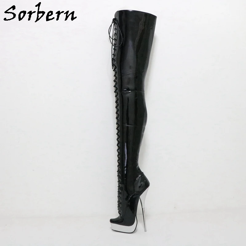 Sorbern 21Cm Metal Ballet Boots Crotch Thigh High Fetish Shoes Stilettos Platform Drag Queen Crossdresser Bdsm Custom Leg Width