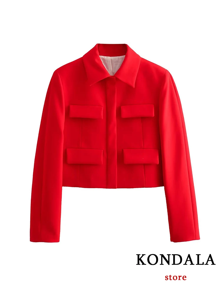 KONDALA Stylish Red Cropped Jacket Four Flap Pockets Collar Button Closure Blazer Fashion 2023 Autumn New Chic Women Outwear