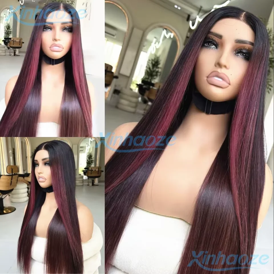 

Brazilian Highlight 13x4/5x5 Straight Silk Top Human Hair Wigs For Women 1B/99J Burgundy Colored Full/360 Lace Frontal Wig