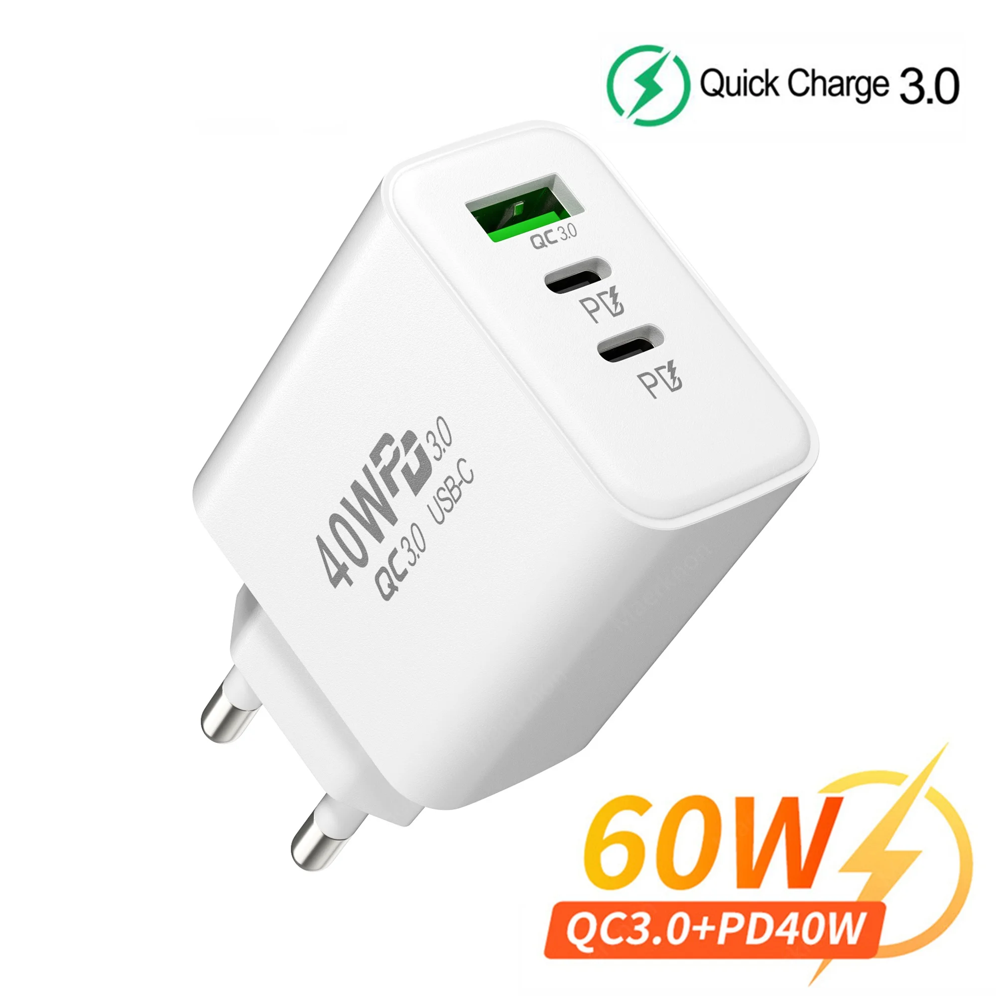 PD 60W USB C Charger 3Ports Fast Charging Quick Charger Type C Mobile Phone Adapter For iPhone Xiaomi EU/US/UK Plug Wall Charger