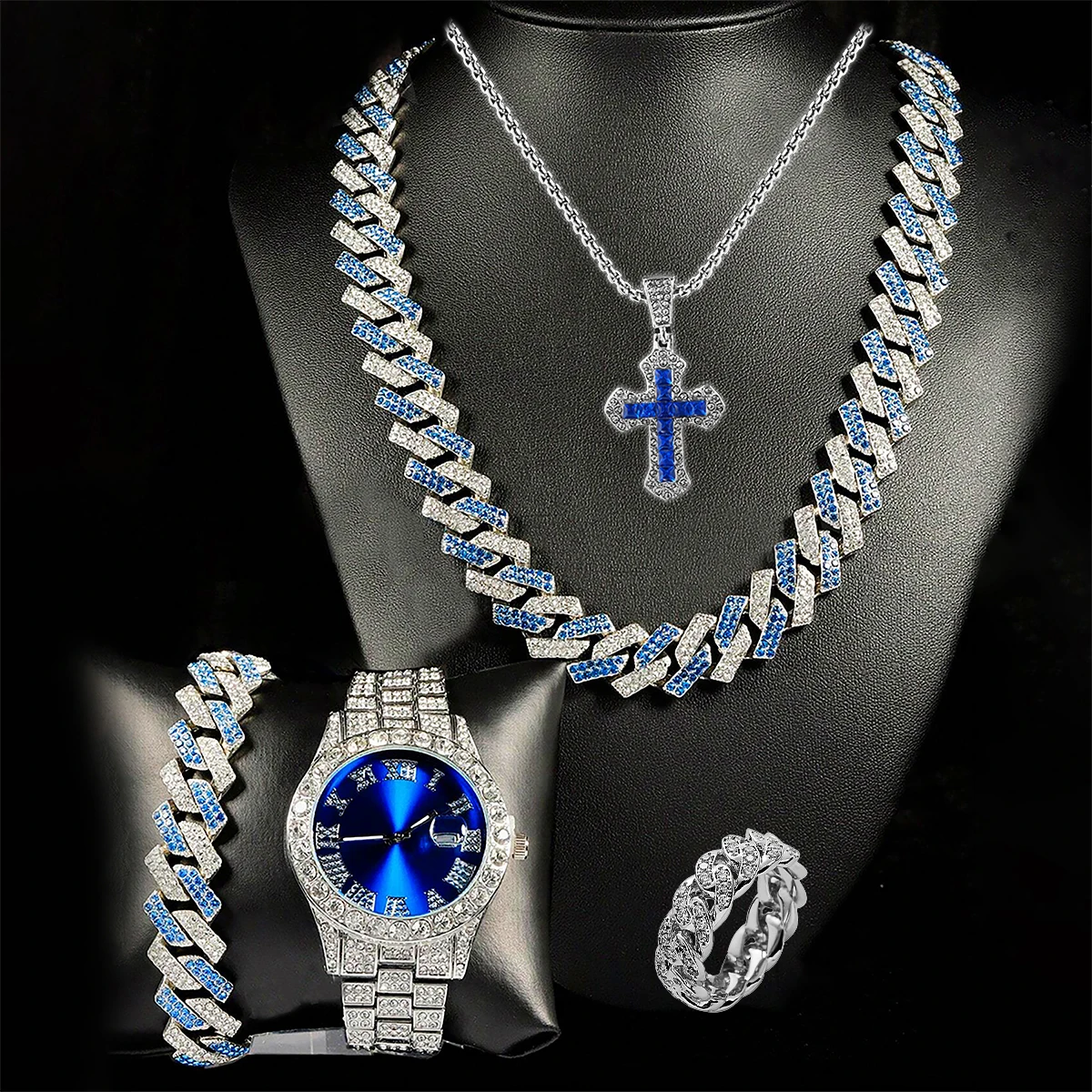 5-Piece Set of Men's Cuban Chain Watches, Hip-Hop Miami Cuban Chain with Rhinestones, Rapper Cuban Necklace Set, Bracelet Jewelry