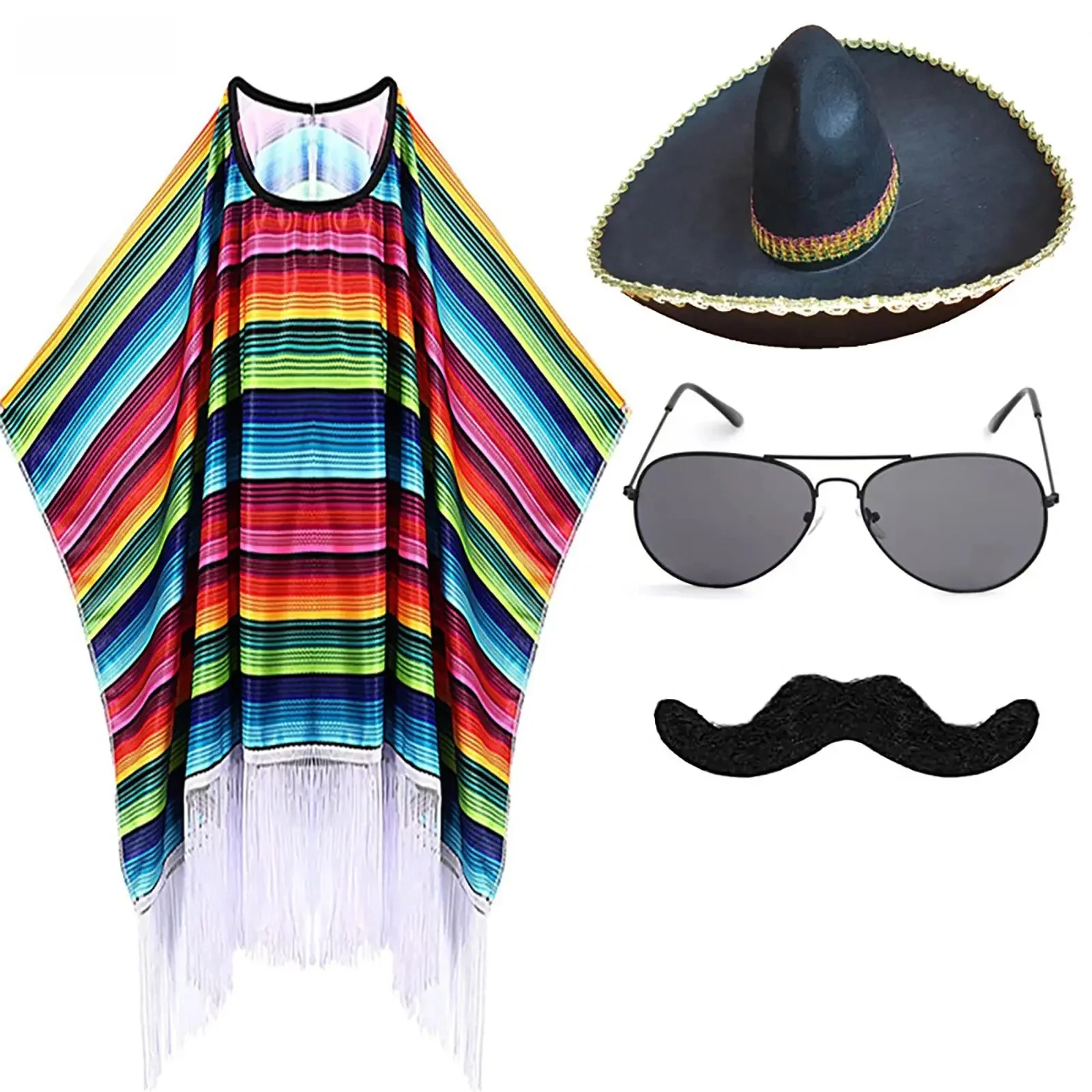 Kind Volwassen Mexicaans Kostuum Kleurrijke Mantel Poncho Sombrero Hoed Zonnebril Snor Set voor Mexicaanse Fiesta Halloween Carnaval Party - afbeelding 2
