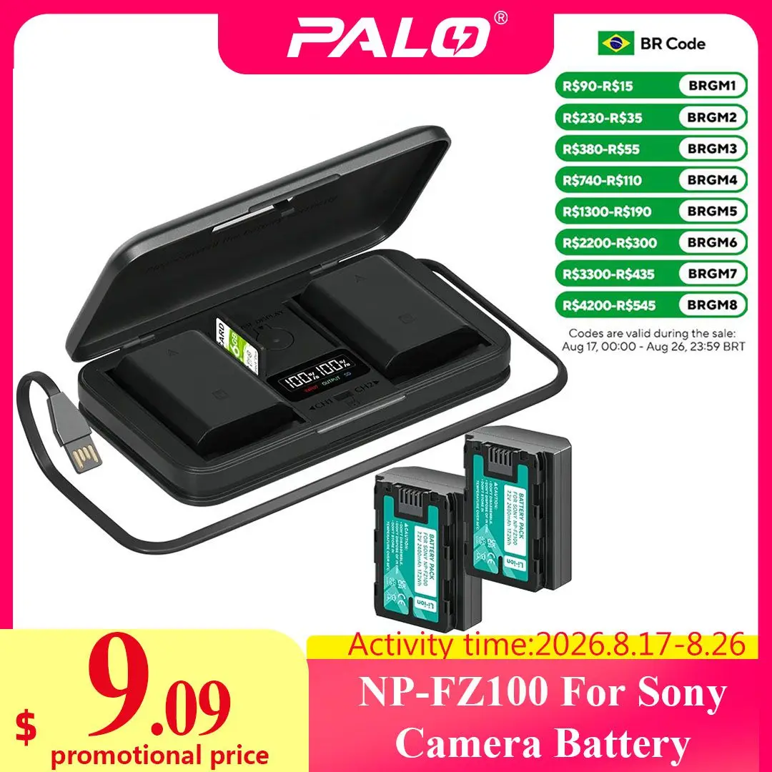 2400mAh NP-FZ100 NPFZ100 NP FZ100 Bateria + Carregador de caixa de armazenamento LCD para câmeras Sony FX30, A9M2, A7S3, A7R5, A7R IV, Alpha A7III