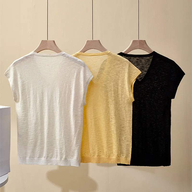 Gilet tricoté en lin pour femmes, nouveau haut d'été, col en v, ample et élégant
