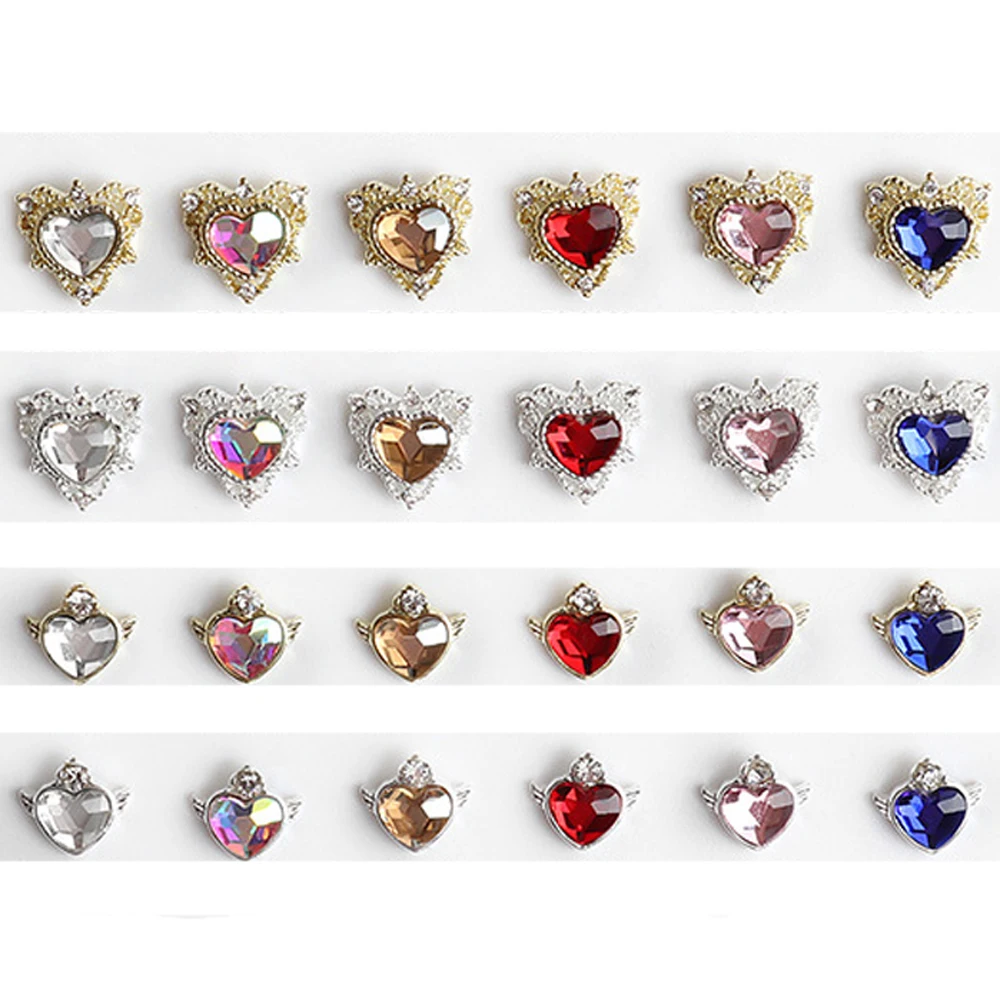 20Pcs Luxury Glass Crystal Nail Art Rhinestone 3D Alloy Gold Silver Heart Love Wing Nail Jewelry Kawaii DIY Manicure Supplies