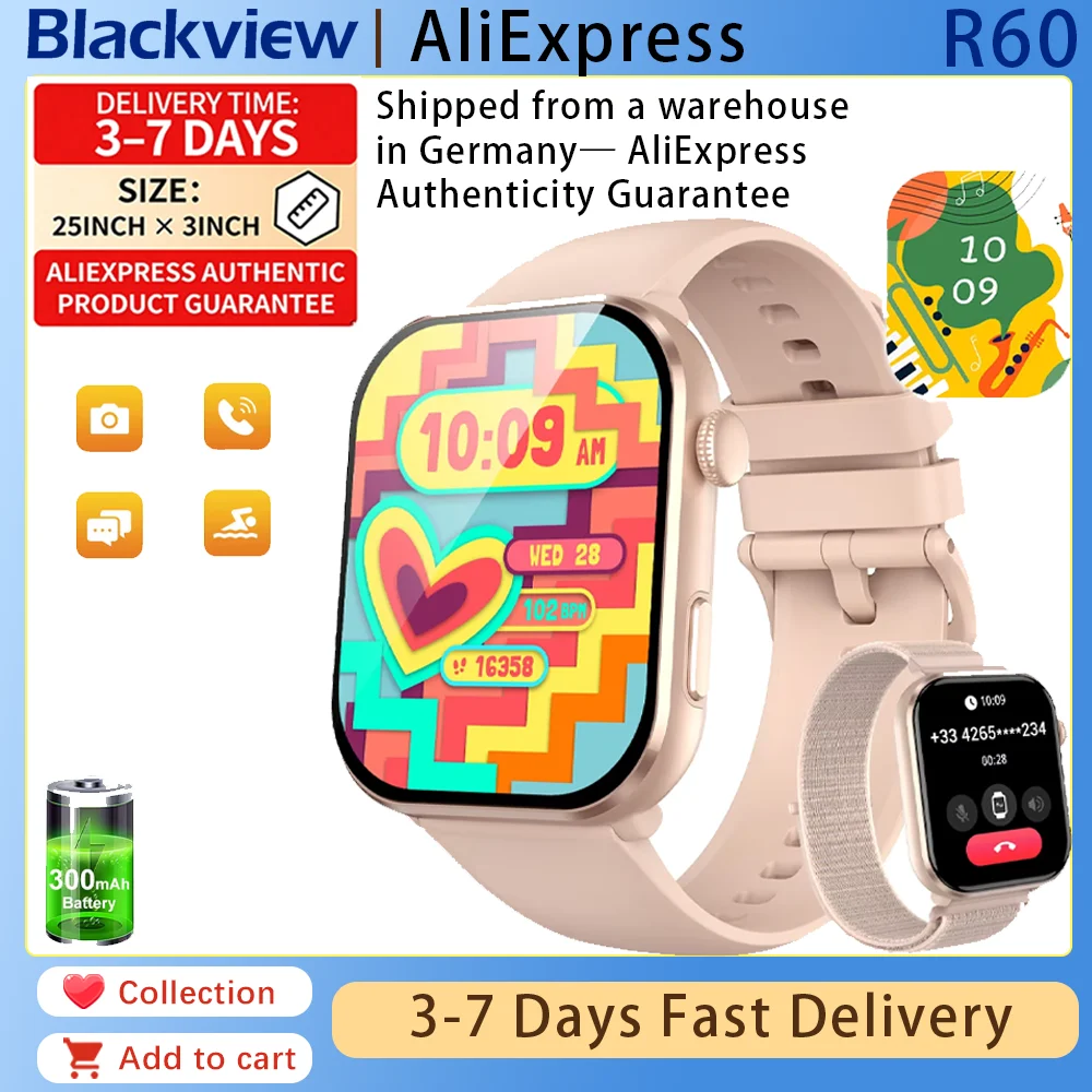 

IOWODO 1.96'' AMOLED HD Screen R60 Bluetooth Call Smartwatch Blood Oxygen Health Monitoring for Men Women Fitness Tracking Watch