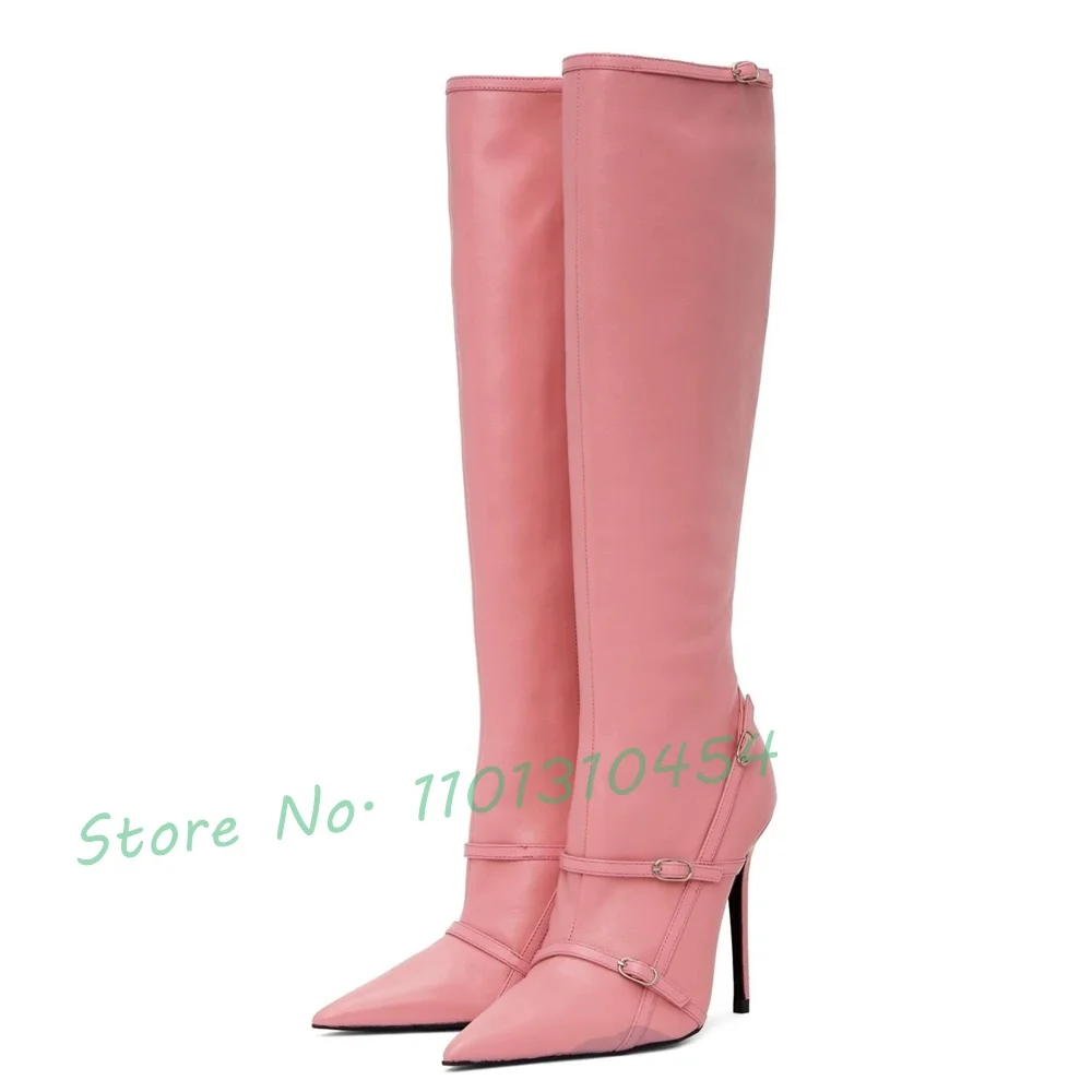 Pink Cross Strap High Boots Women Pointed Toe Elegant Leather Belt Buckle Knee High Boots Fashion Splicing Women Outfit Shoes