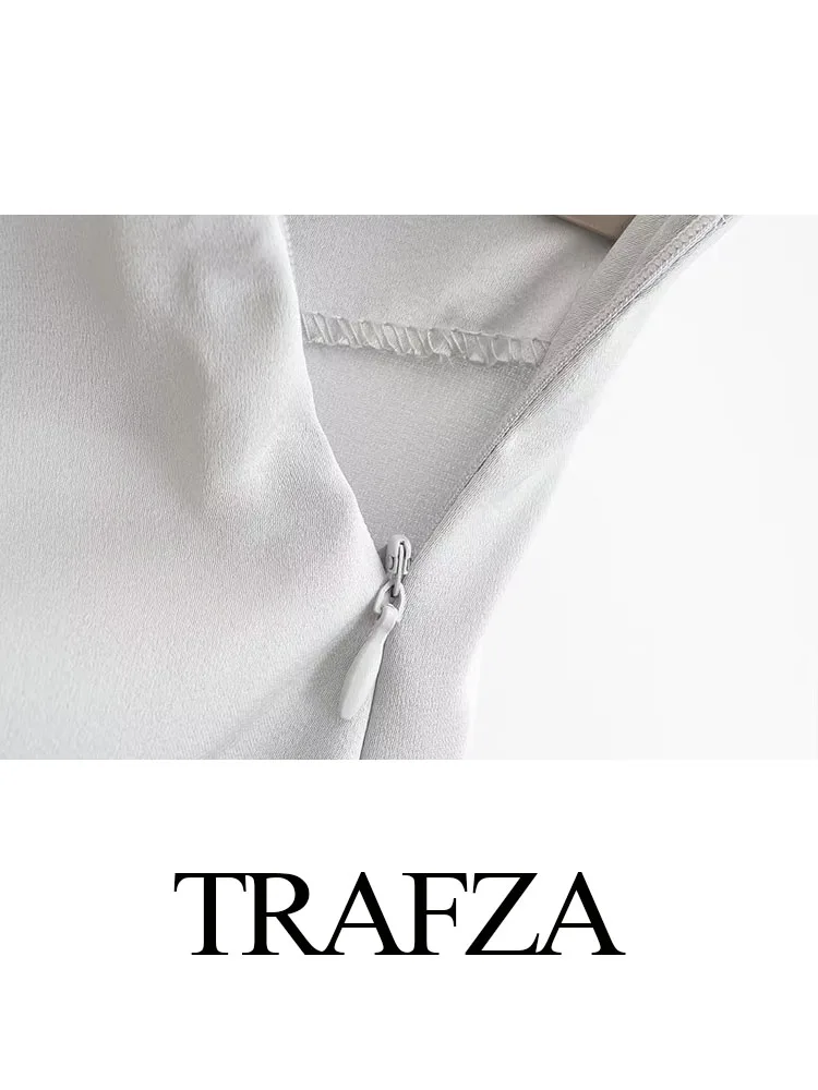 TRAFZA 2023 Women\'s Summer New Fashion Casual Street Wear Silver High Waist Slim Half Skirt Button Up Shirt Top Suit Female