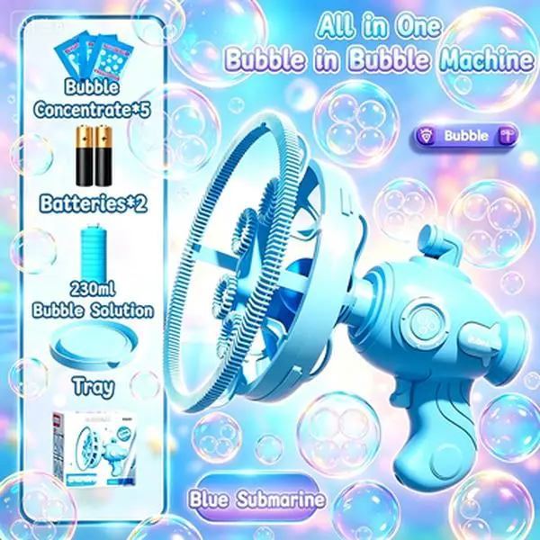 Bubble in Bubble Machine for Kids, Submarine Automatic Bubble Gun Toy, 2 in 1 Bubble Maker & Mini Fan, One Press Bubble Blower with Bubble Solution for Party Outdoor